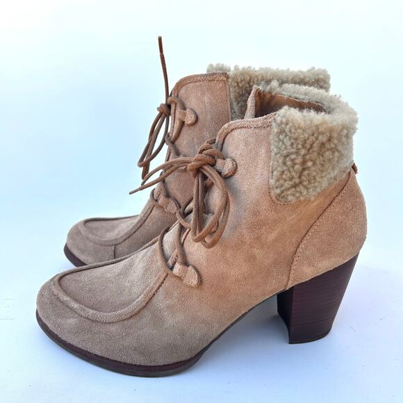 UGG Analise Suede Shearling High Heeled Booties Ankle Boots Tan 9.5 - Picture 5 of 9